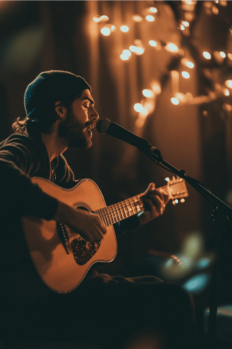 Una persona toca una guitarra acústica y canta en un micrófono, creando un ambiente acogedor con cálidas luces de cuerda. Este encantador montaje podría inspirar ideas únicas para un banquete de San Valentín en una iglesia, combinando música y romanticismo.