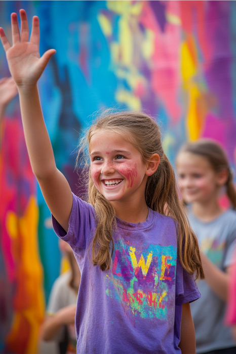 Una niña sonriente con la cara pintada saluda de pie frente a un colorido mural que irradia calidez, reminiscencia de los temas de San Valentín para las reuniones de la iglesia.