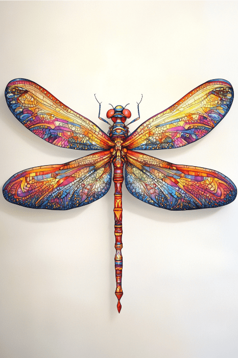 Arte de la libélula en vidriera sobre fondo blanco, donde los colores vibrantes y los intrincados dibujos evocan una sensación de transformación, reflejando el significado de la libélula en la Biblia.