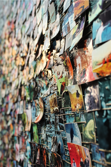 Una pared adornada con pequeñas fotografías de colores superpuestas dispuestas en forma de mosaico sirve de inspiración creativa, al igual que las ideas únicas del Servicio de Instalación de Pastores.