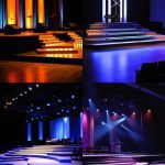 15 Creative Church Stage Design Ideas You Will Love A vibrant collage of four stages with colorful lighting setups and tiered platforms, offering inspirational church stage design ideas in a theater setting.