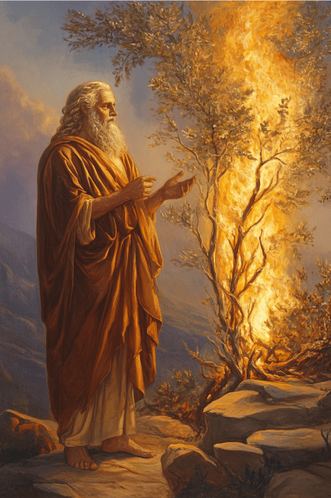 En un paisaje montañoso al atardecer, un hombre barbudo vestido con túnicas se encuentra ante una zarza ardiente, y su presencia evoca escenas de cuentos infantiles muy queridos para la iglesia.