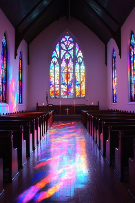 Las coloridas vidrieras de una iglesia proyectan vibrantes reflejos sobre los bancos de madera y el suelo, evocando animados domingos llenos de risas y atractivas preguntas de Family Feud en las reuniones eclesiásticas.