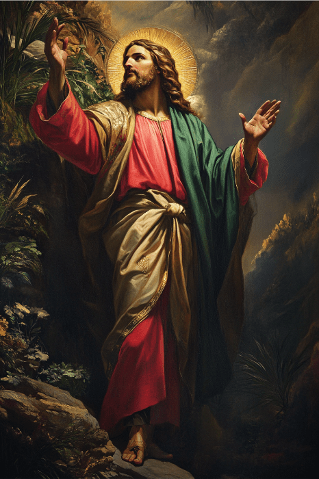 Una persona con aureola, vestida con túnicas rojas y verdes, gesticula hacia arriba entre la naturaleza, como si reflexionara sobre las preguntas de Family Feud para la iglesia, con la luz brillando hacia abajo.