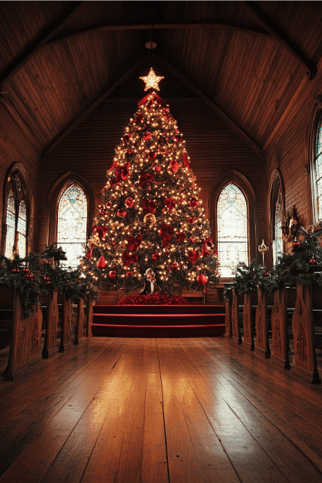 El interior de la iglesia, tenuemente iluminado, adornado con un gran árbol de Navidad decorado y luces brillantes, parece el marco ideal para una acogedora reunión navideña. Es el telón de fondo perfecto donde los susurros de las preguntas de Family Feud para la iglesia flotan entre las vibrantes vidrieras.