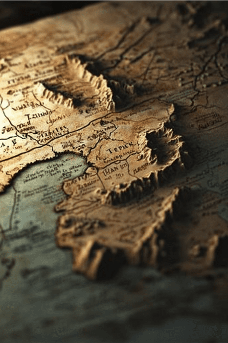 Un mapa de época con textura de papel envejecido, que presenta islas y costas con todo lujo de detalles, perfecto para suscitar debates inspiradores similares a las preguntas de Family Feud en las reuniones eclesiásticas.