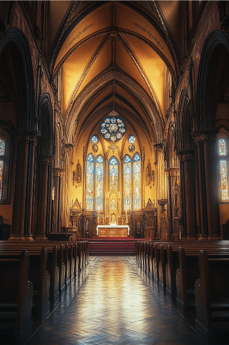 El ornamentado interior de la iglesia, con su techo abovedado y sus vidrieras, crea un sereno telón de fondo que recuerda a las reuniones familiares. El altar central está bañado por una luz cálida que invita a la contemplación, como las respuestas a las preguntas sobre enemistades familiares en los actos religiosos.