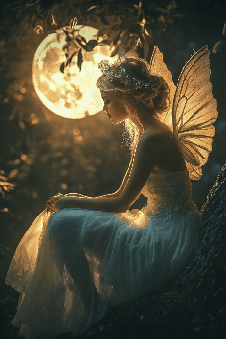 Un hada con un vestido blanco y una corona de flores se sienta en la rama de un árbol por la noche, con una resplandeciente luna llena de fondo, creando una escena encantadora perfecta para las ideas del tablón de anuncios de tu iglesia.
