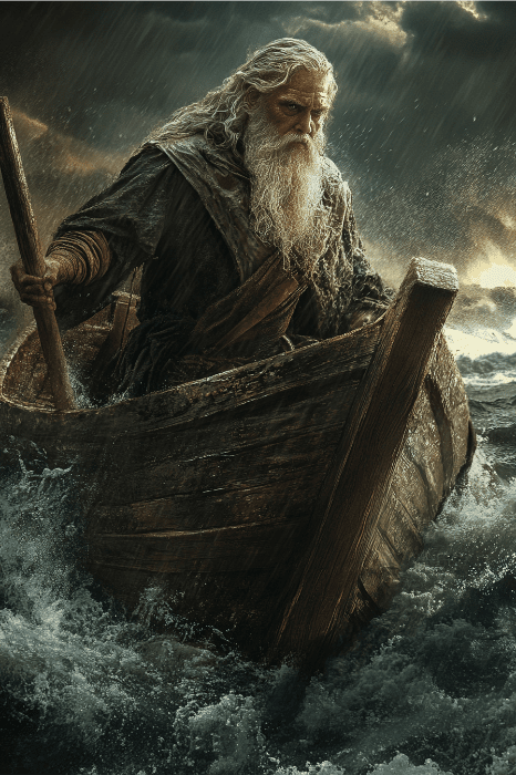 Um homem idoso com uma longa barba navega em seu barco de madeira por mares tempestuosos, incorporando a resiliência frequentemente celebrada nas histórias do Dia dos Pais na igreja.