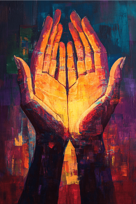 Una colorida pintura de dos manos juntas, con las palmas hacia arriba, ofreciendo una sensación de bendición para la iglesia, rodeadas de vibrantes colores abstractos.