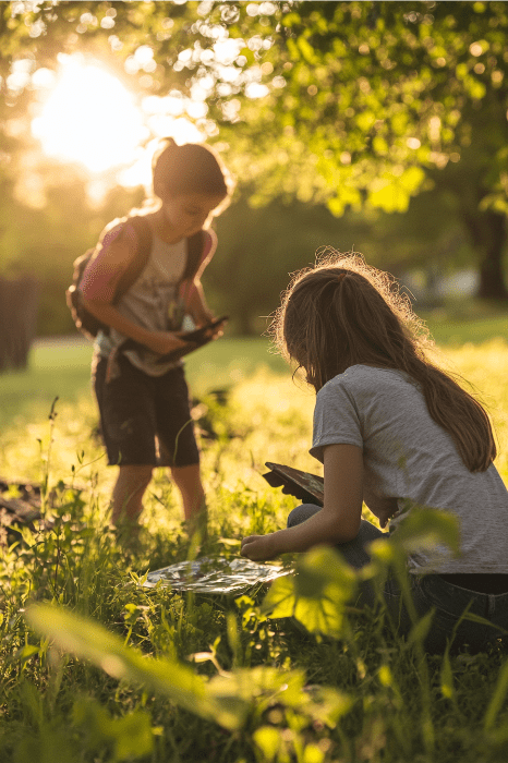 Dos niños exploran una zona de hierba a la luz del sol, rodeados de árboles, como si estuvieran buscando el tesoro en una iglesia. Uno de ellos se arrodilla y examina objetos curiosos esparcidos por el suelo.