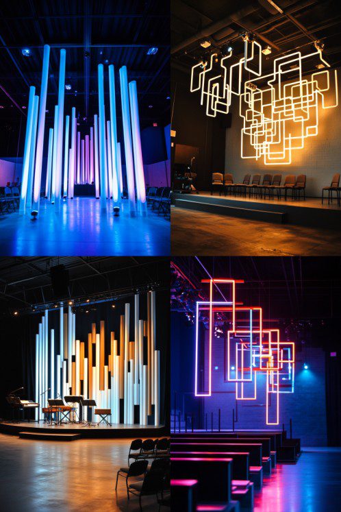 In a dimly lit space, the art installation illuminates with vertical and geometric neon lights in blue, orange, and pink hues. Taking inspiration from innovative church stage design ideas, this setup transforms the ambiance into a mesmerizing visual spectacle.