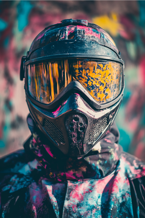 Un individuo vibrante con un equipo de paintball salpicado de pintura de colores, gafas reflectantes y casco, encarna el espíritu de la juventud creativa.