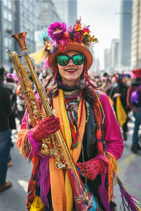 En medio del animado bullicio de una calle de la ciudad, una persona con un traje vibrante y un sombrero de plumas sostiene alegremente un saxofón, su sonrisa tan brillante como una celebración del Día de la Independencia.