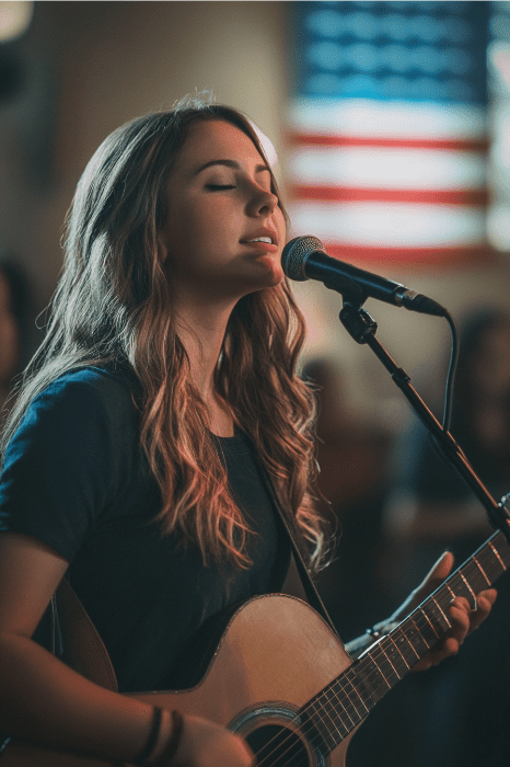 En una celebración del Día de la Independencia, una mujer de pelo largo canta en un micrófono mientras toca una guitarra acústica. El suave rasgueo se hace eco de su conmovedora voz, mientras una borrosa bandera estadounidense ondea suavemente de fondo.