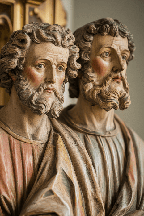 Dos estatuas de madera intrincadamente talladas de hombres barbudos con expresiones solemnes evocan una escena que recuerda el Comentario de Hechos 3, representados con túnicas de texturas detalladas.