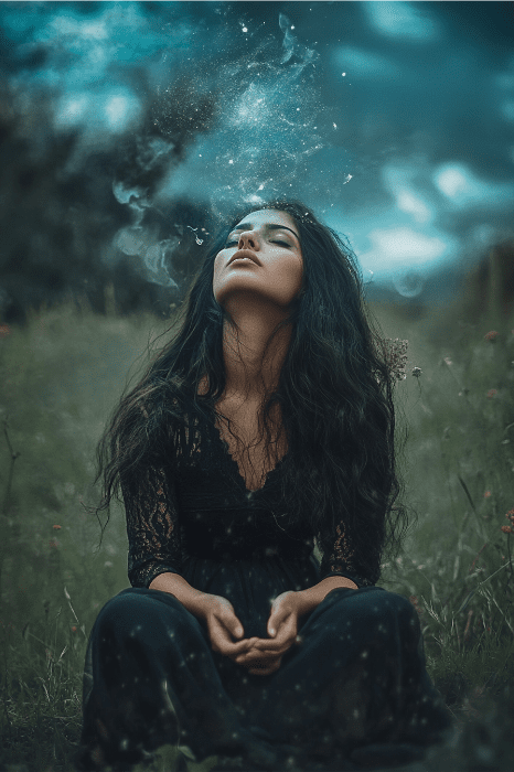 Una mujer vestida de negro se sienta apaciblemente en un prado, con los ojos cerrados, mientras unas partículas brillantes danzan sobre su cabeza: una visión de tranquilidad e inspiración para ideas creativas de servicios a la juventud.