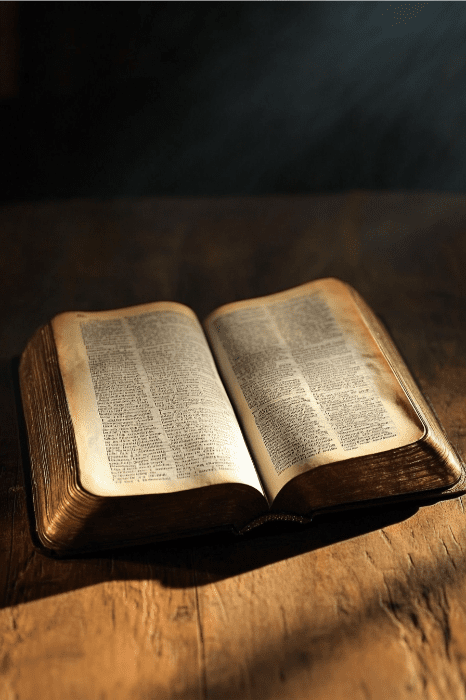 Un libro antiguo abierto sobre una mesa de madera, suavemente iluminado por la luz del sol, invita a pensar en divertidos juegos para jugar en la iglesia mientras las páginas pasan suavemente bajo el cálido resplandor.