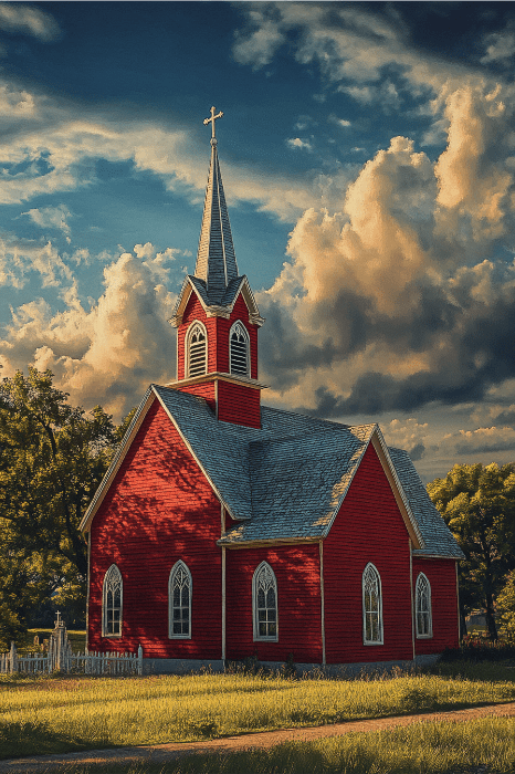 En medio de una exuberante vegetación y bajo un espectacular cielo nublado, una iglesia roja con un campanario se alza solemne, recordando los compromisos eternos que se ven entre el Hombre y la Mujer en la Biblia.