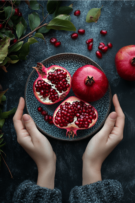 Mãos segurando um prato com metades de romã e sementes em uma superfície escura, cercado por folhas espalhadas - uma cena que lembra as plantas abundantes mencionadas na Bíblia.