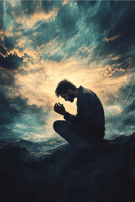Silueta de una persona arrodillada en oración bajo un dramático cielo nublado al atardecer, encarnando el profundo significado de la oración de los Pasos de AA.