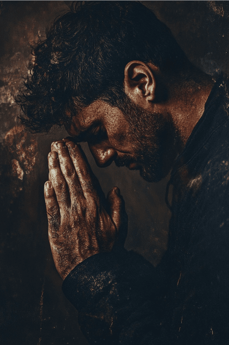 Silueta de una persona con las manos entrelazadas en oración, el rostro apoyado en ellas sobre un fondo oscuro y texturizado, que encarna el profundo significado de la oración del Paso de AA.