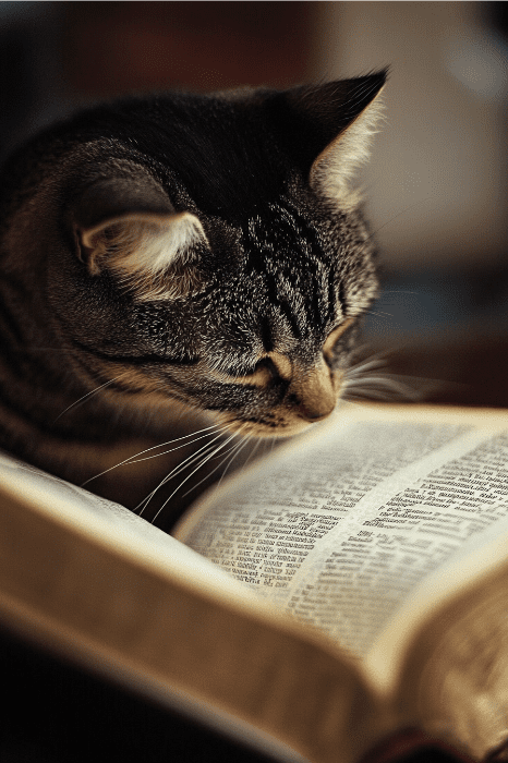 Um gato malhado olha atentamente para um livro aberto com texto impresso, como se estivesse refletindo sobre as histórias de gatos na Bíblia.