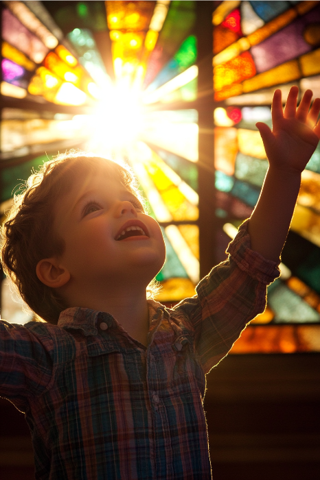Un niño alzando los brazos con alegría, bañado por la luz del sol que se filtra a través de las coloridas vidrieras, evoca la serena belleza de la Alabanza y la Adoración.