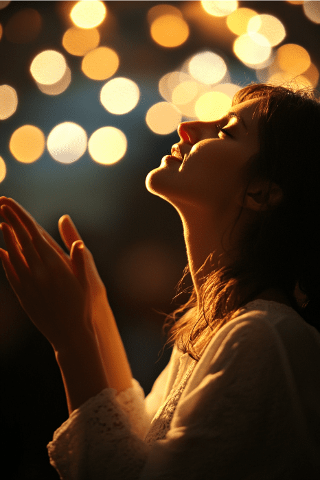 En un sereno momento de alabanza, una mujer en enfoque suave mira hacia arriba con las manos entrelazadas, envuelta por cálidas y resplandecientes luces bokeh.