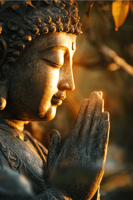 Una estatua de Buda en oración, con la luz del sol iluminando suavemente su rostro sereno y su entorno, inspira actividades juveniles de crecimiento espiritual.