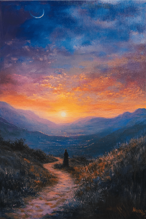 Una persona está de pie en un camino, contemplando ideas para el servicio del amanecer de Pascua mientras contempla una vibrante puesta de sol sobre montañas lejanas, con una luna creciente que cuelga graciosamente por encima.