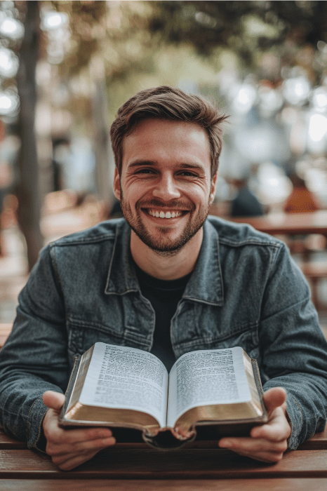 A smiling man sits outdoors, holding an open book with both hands, wearing a denim jacket, as if pondering a prayer for church growth.