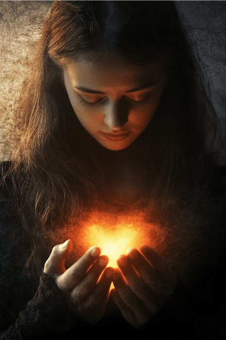Una persona sostiene en sus manos un corazón ardiente y resplandeciente, que proyecta una cálida luz sobre su rostro y la oscuridad circundante, como un faro que guía las plegarias de la congregación a través de la noche inmóvil.