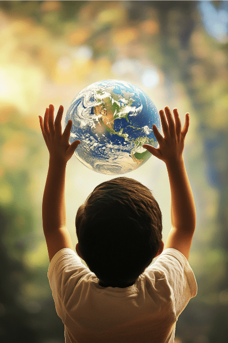 Criança estendendo a mão para um pequeno globo, simbolizando a esperança e um futuro repleto de orações pela unidade da igreja. O fundo desfocado da natureza realça o calor e a serenidade.