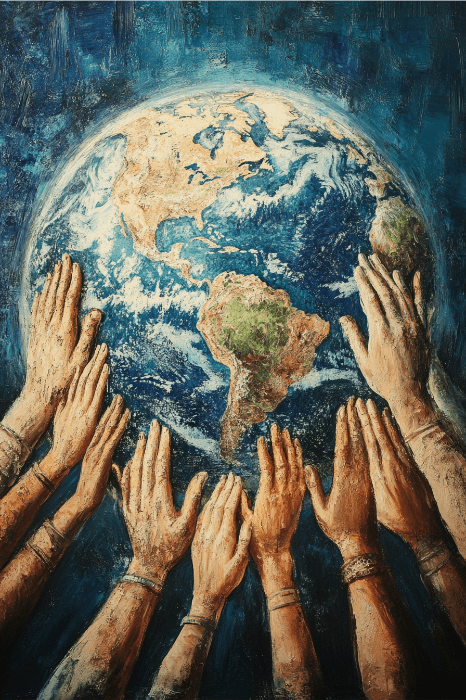 Mãos estendidas em direção a uma Terra pintada, simbolizando orações pela unidade da igreja e pela solidariedade global.