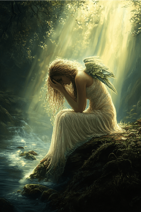 Un ángel de alas verdes está sentado junto a un arroyo del bosque, bañado por la luz del sol, con la cabeza entre las manos, susurrando una oración por el crecimiento de la iglesia.