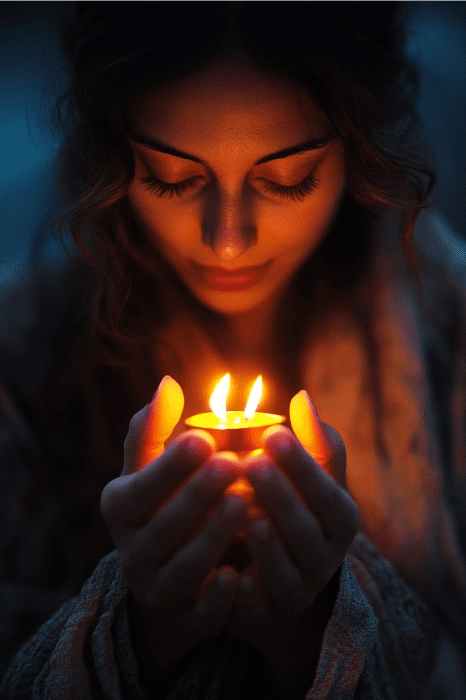 Una persona permanece de pie en medio de la congregación, sosteniendo una vela encendida con ambas manos, los ojos cerrados, envuelta en el cálido resplandor de las oraciones y la llama.