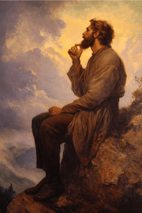 Un hombre con barba se sienta pensativo en una roca, como si rezara en silencio por su grupo de hombres, con vistas a un cielo nublado con una suave iluminación.