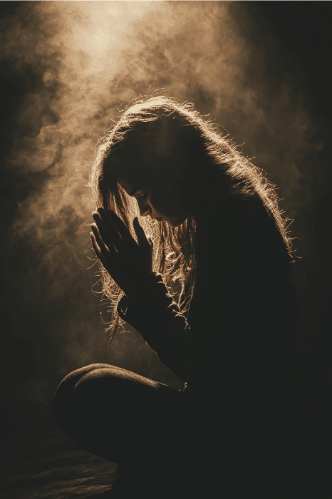 Una persona en silueta se arrodilla en oración solitaria, con las manos juntas, envuelta por la bruma y la luz cálida, entre los susurros lejanos de las plegarias de la congregación.
