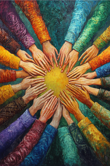Um círculo de mãos diversas que se estendem em direção a um centro brilhante, simbolizando orações pela unidade e colaboração da igreja.