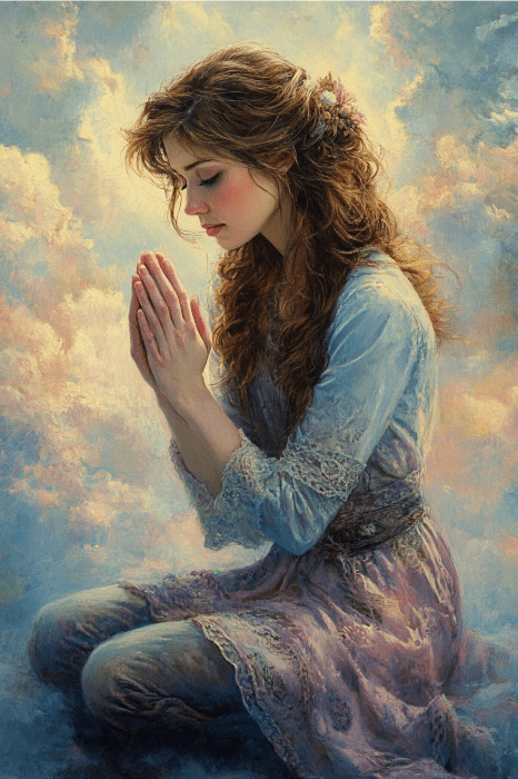 Una mujer de pelo largo se arrodilla, con las manos juntas en oración, entre las nubes suaves y soñadoras, encarnando la esencia de la oración colectiva.