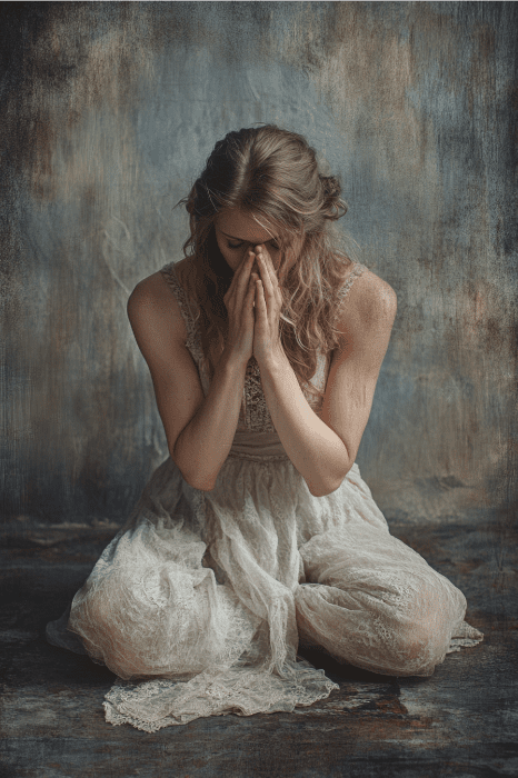 A woman in a lace dress kneels with her hands clasped in front of her face, embodying the serenity found in corporate prayer against a textured background.