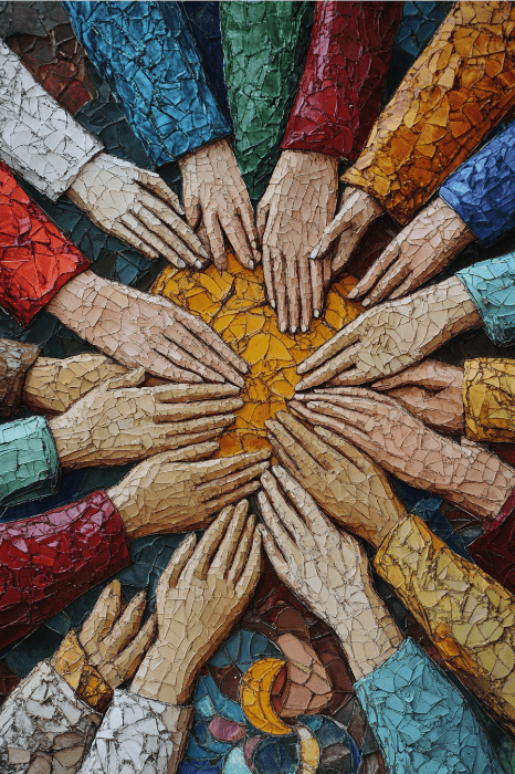 Um mosaico de diversas mãos estendidas em direção a um círculo dourado central, simbolizando unidade e colaboração, incorpora a essência das orações pela unidade da igreja.