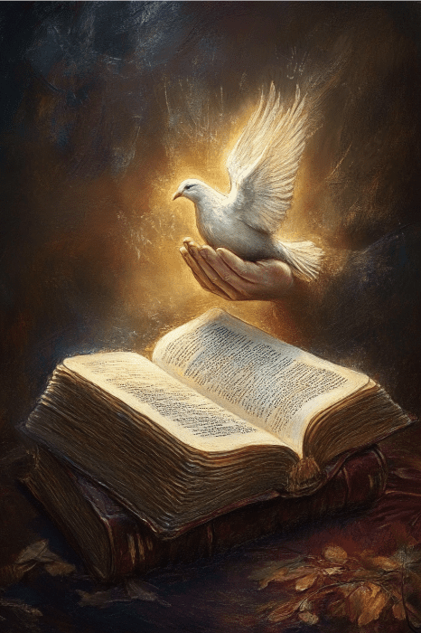 Una paloma resplandeciente se cierne sobre un libro abierto, con una mano extendida hacia arriba en un entorno oscuro y etéreo: una ilustración serena, perfecta para una oración de un grupo de hombres que buscan la iluminación.
