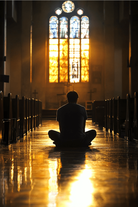 La silueta de una persona que reza en silencio por el crecimiento de la iglesia está sentada con gracia en el suelo, bañada por el resplandor etéreo que proyecta la luz del sol al filtrarse por una vidriera.