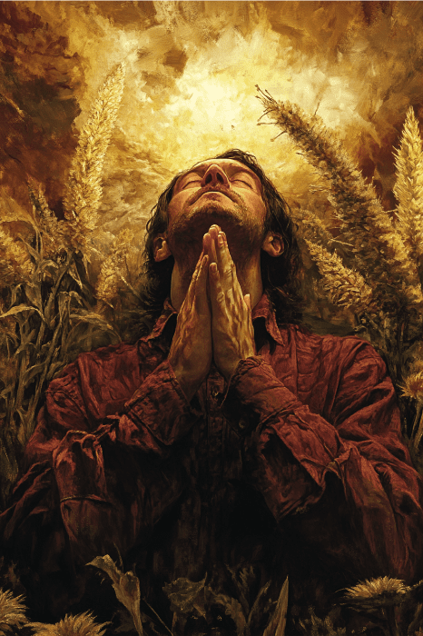 Una persona con camisa roja reza hacia arriba, rodeada de trigo, con una luz dorada que brilla desde lo alto: una sentida plegaria por el crecimiento de la iglesia entrelazada con la gracia de la naturaleza.
