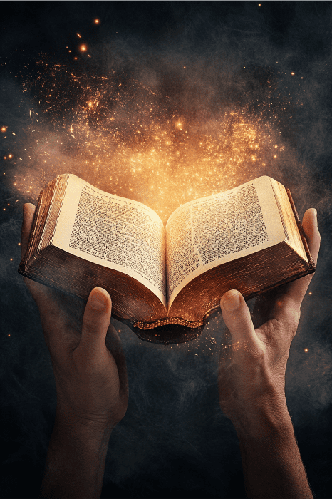 Manos que sostienen un libro abierto cuyas páginas desprenden chispas mágicas y brillantes, como si cada estallido de luz fuera una plegaria silenciosa por el crecimiento de la Iglesia.