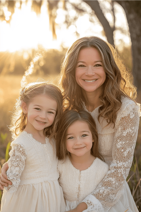 Una mujer sonríe con dos niñas vestidas de blanco, disfrutando del resplandor de un entorno iluminado por el sol que recuerda a un servicio religioso al amanecer de Pascua, con los árboles creando un sereno telón de fondo.