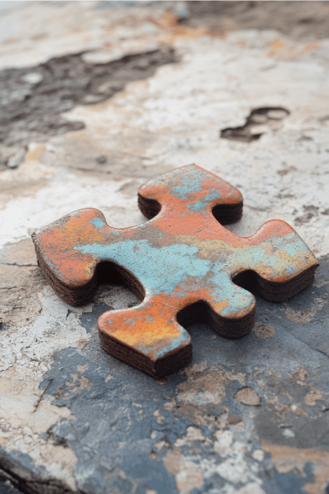 Uma peça de quebra-cabeça enferrujada, como um testemunho silencioso do tempo, encontra-se em uma superfície texturizada e desgastada, lembrando lições objetivas para a igreja - cada imperfeição conta sua própria história.