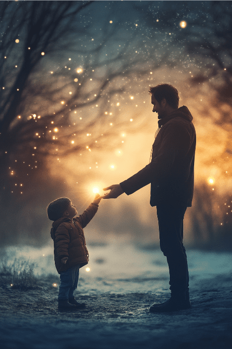 Adulto y niño de pie en un paisaje nevado, tendiendo la mano a través de las luces resplandecientes, como chispas imaginativas de ideas creativas de servicio a la juventud flotando entre ellos.